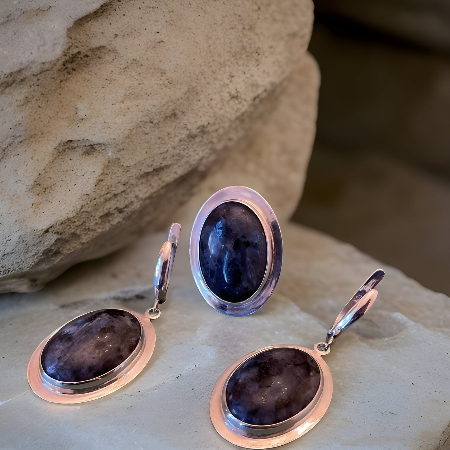 Black Agate Sterling Silver Oval Ring Earring Set - Classic Large Size