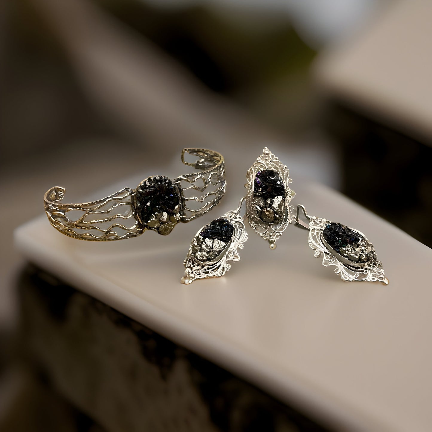 Black Onyx Fantasy Sterling Silver Set - Victorian Earrings Drop Earrings Cocktail Ring Large Pendant