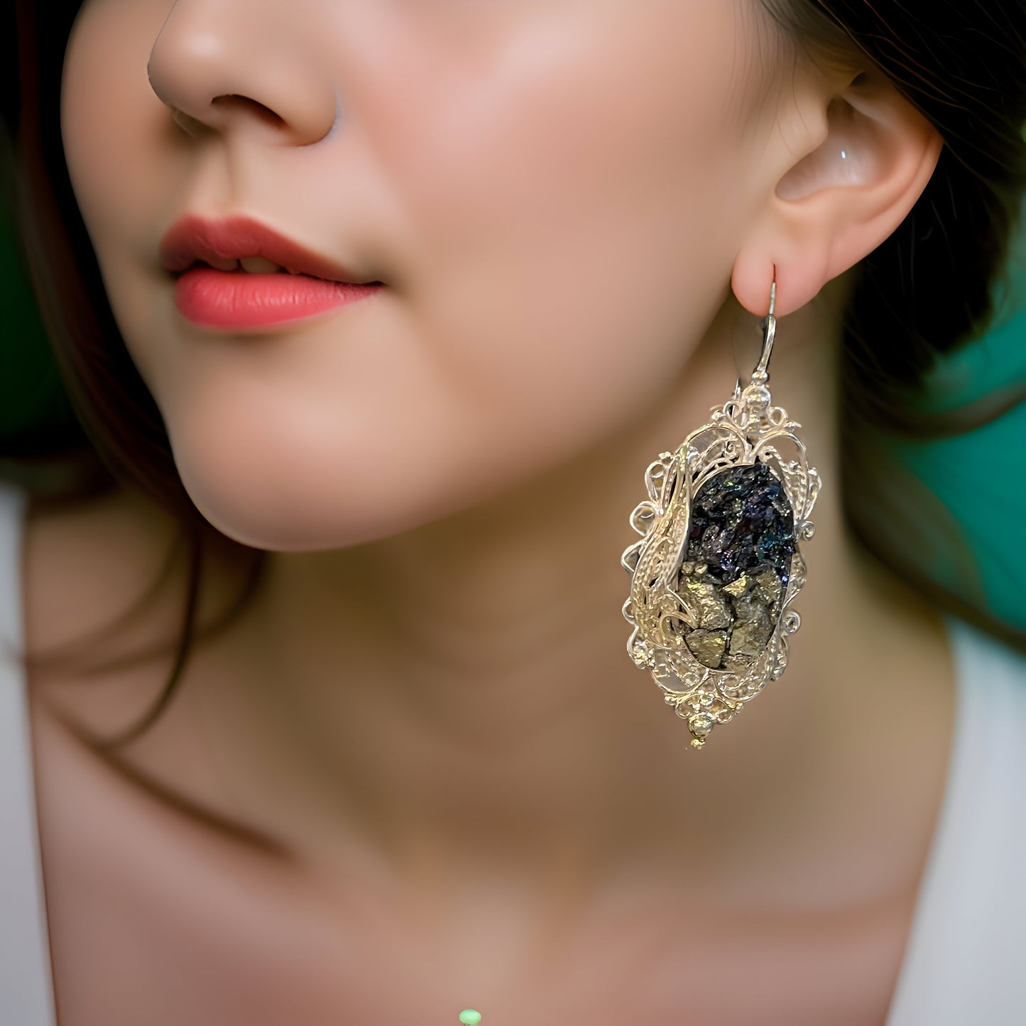 Black Onyx Fantasy Sterling Silver Set - Victorian Earrings Drop Earrings Cocktail Ring Large Pendant