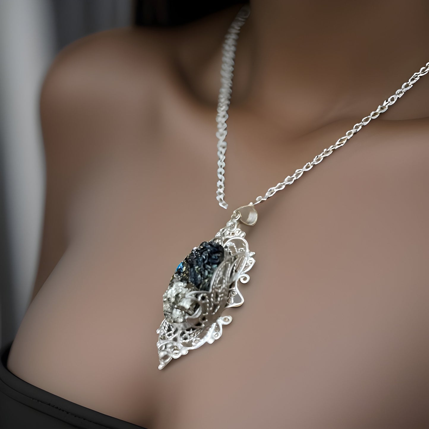 Black Onyx Fantasy Sterling Silver Set - Victorian Earrings Drop Earrings Cocktail Ring Large Pendant