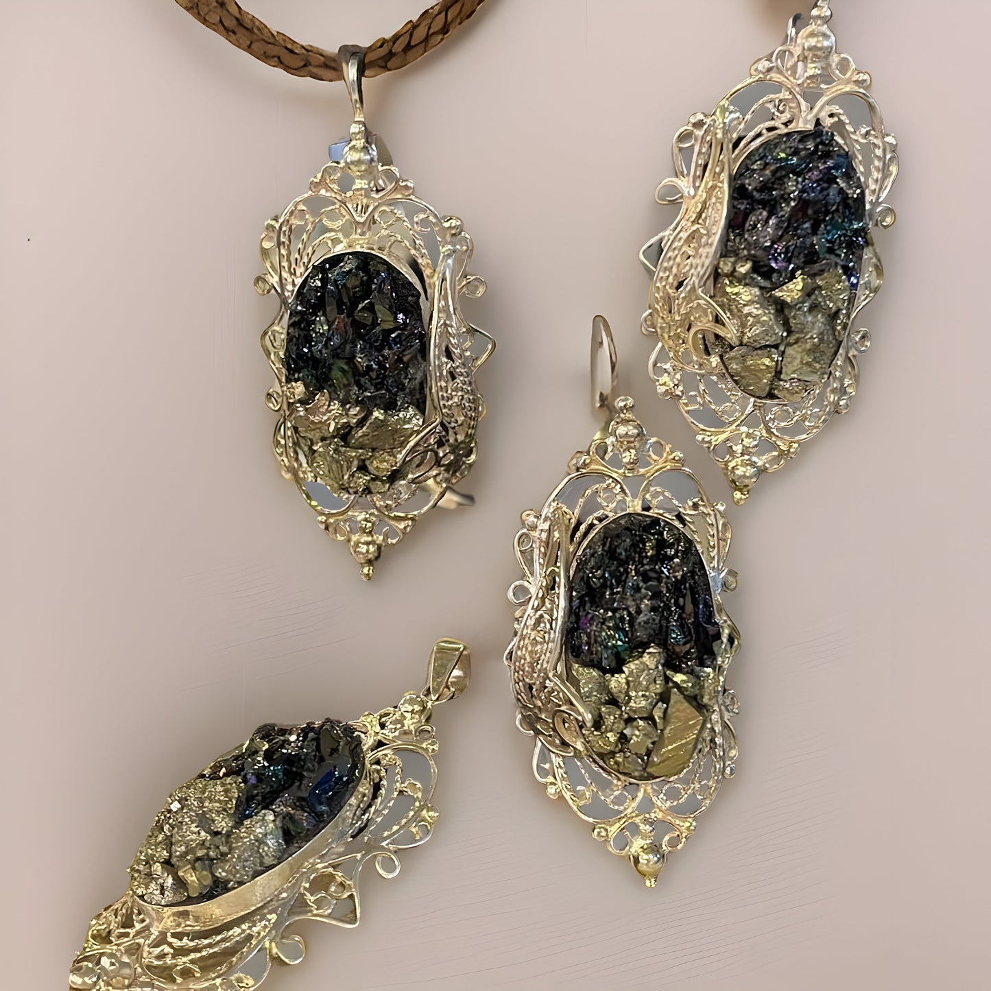 Black Onyx Fantasy Sterling Silver Set - Victorian Earrings Drop Earrings Cocktail Ring Large Pendant
