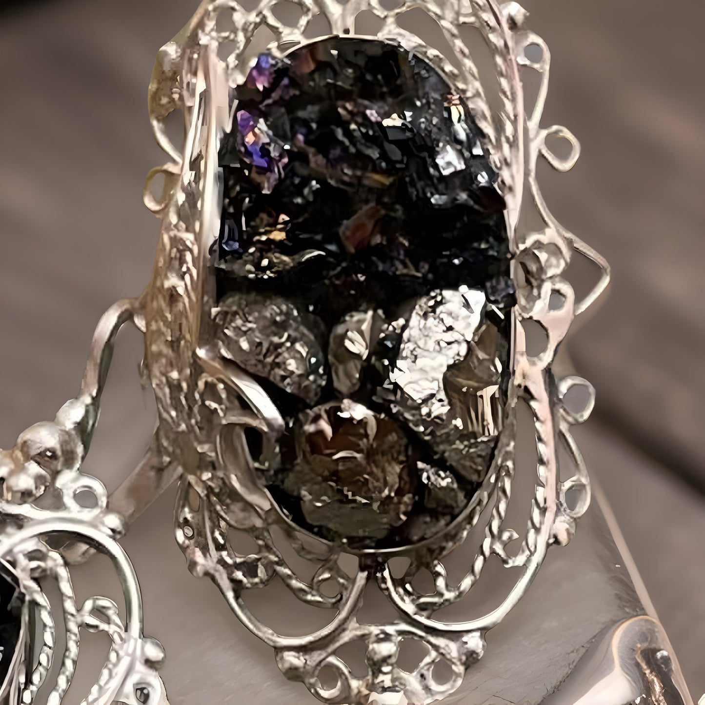 Black Onyx Fantasy Sterling Silver Set - Victorian Earrings Drop Earrings Cocktail Ring Large Pendant