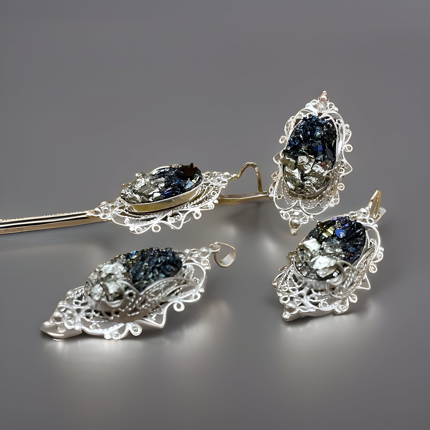 Black Onyx Fantasy Sterling Silver Set - Victorian Earrings Drop Earrings Cocktail Ring Large Pendant