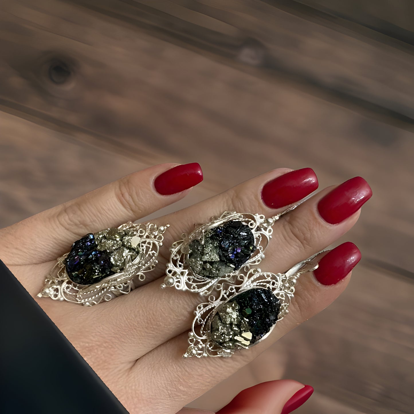 Black Onyx Fantasy Sterling Silver Set - Victorian Earrings Drop Earrings Cocktail Ring Large Pendant