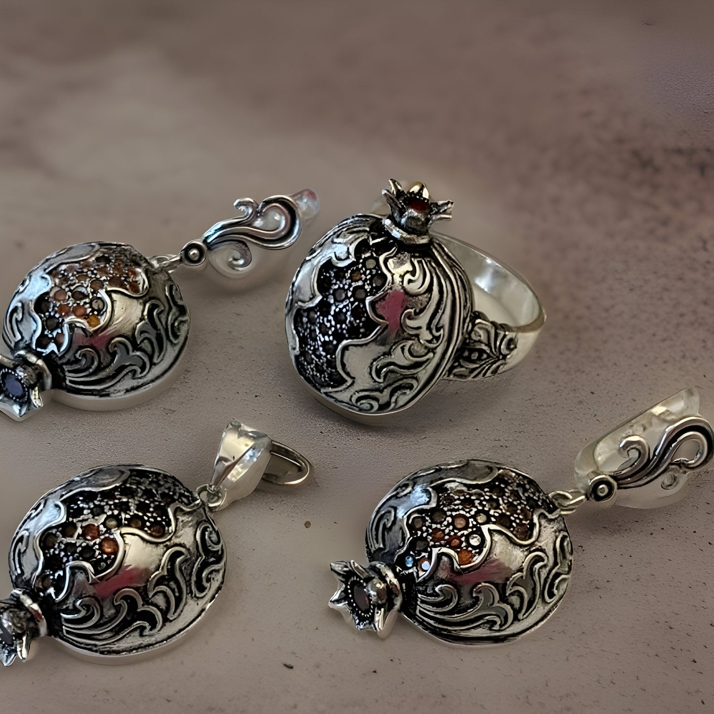 Bohemian Armenian Silver Pomegranate Pendant with Marcasite - Biblical Set for Women - Persephone Charm