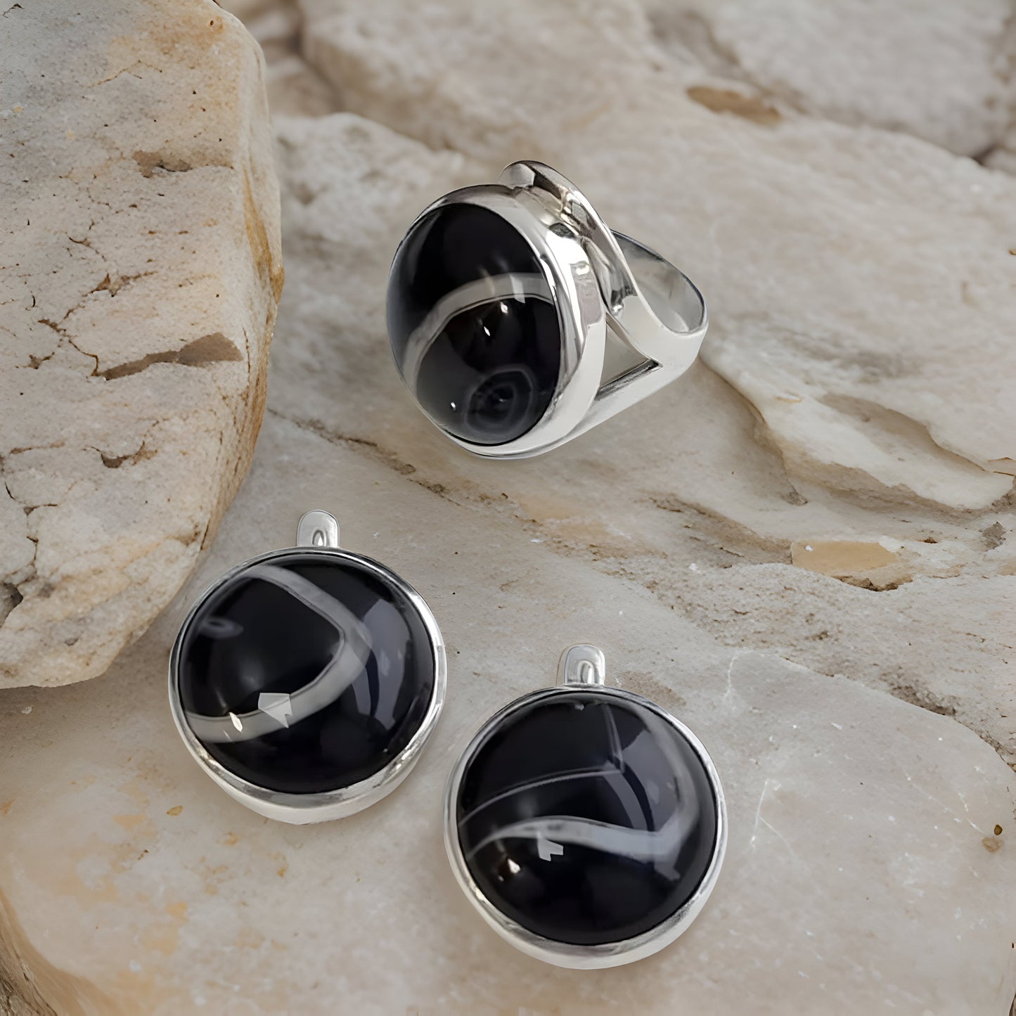 Timeless Black Sterling Silver Agate Earrings Set - Classic Minimalist Jewelry