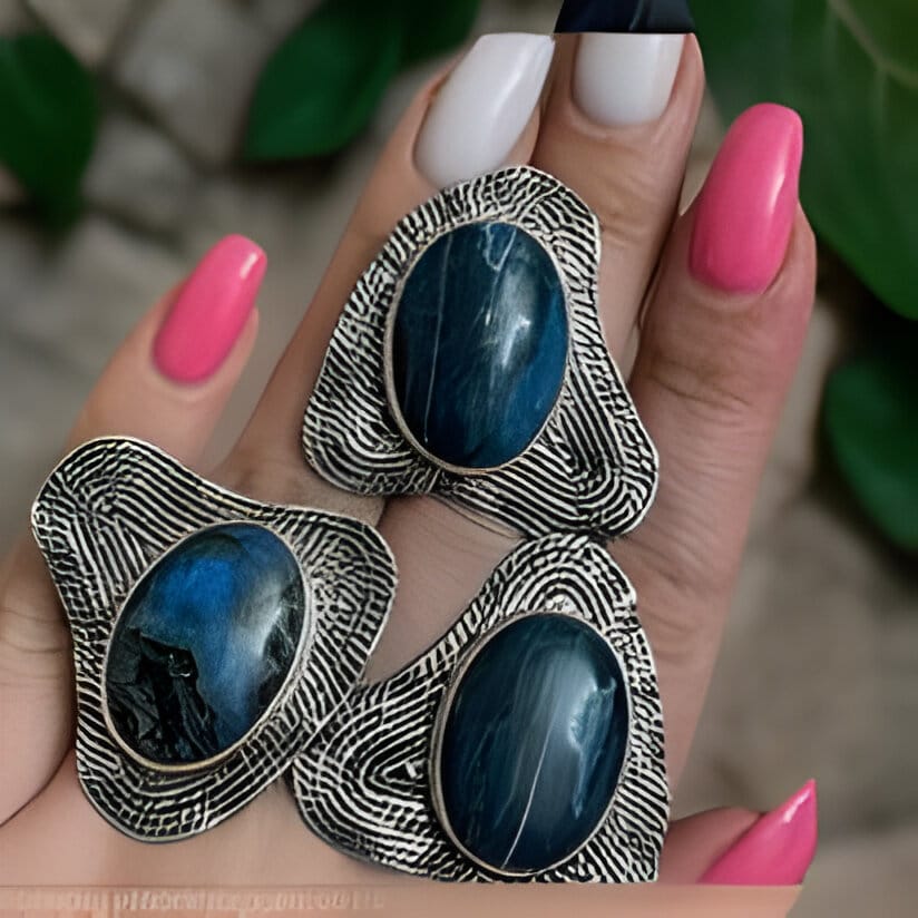 Navy Blue Agate Abstract Sterling Silver Ring Set - Contemporary Earrings and Ring Set - Wedding Guest and Cocktail Party Jewelry
