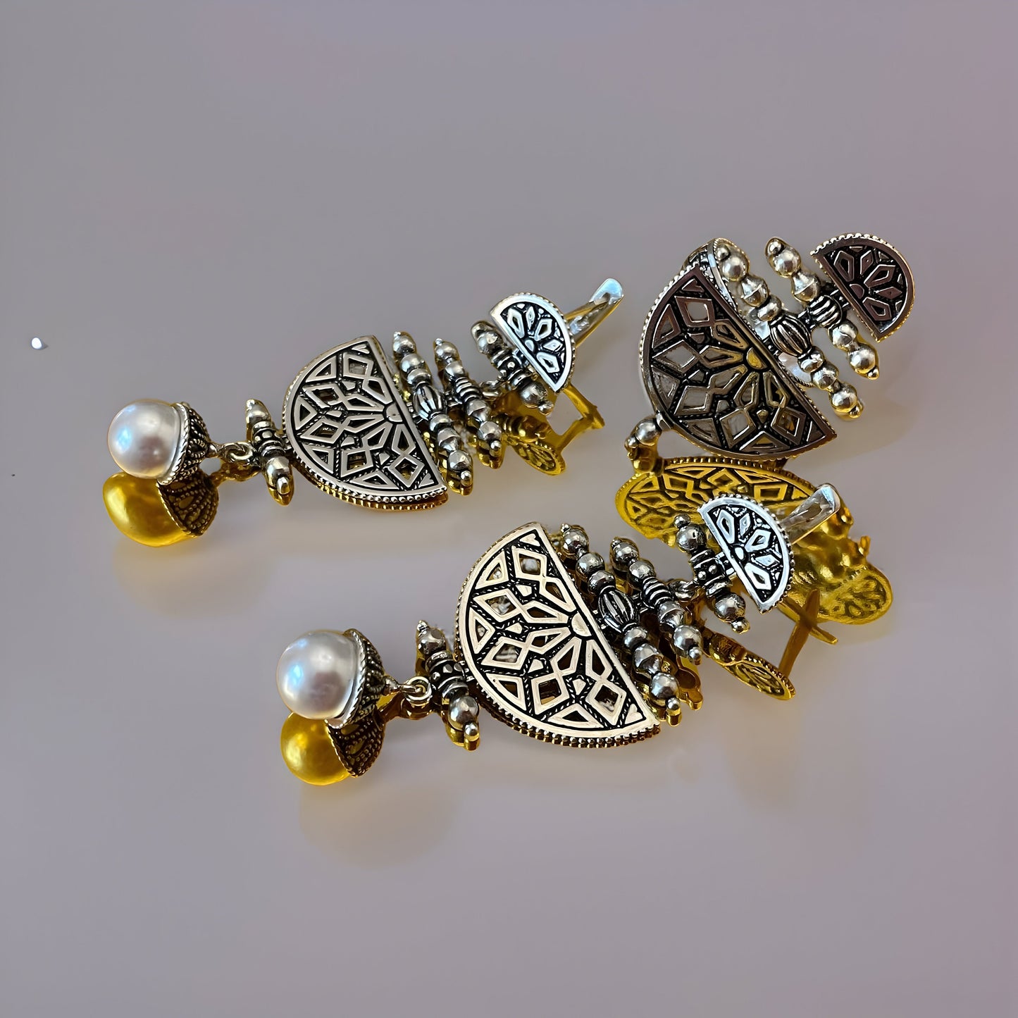 Armenian Canetille Style Dangle Earrings - Ornate Ethnic Chandelier Design with Pearls and Armenian Motifs