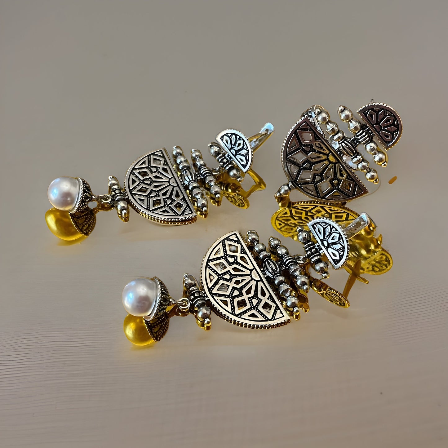 Armenian Canetille Style Dangle Earrings - Ornate Ethnic Chandelier Design with Pearls and Armenian Motifs