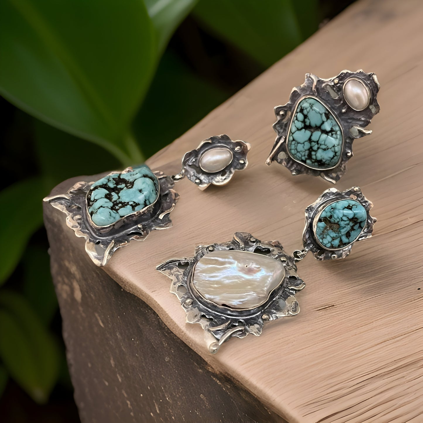 Turquoise and Pearl Sterling Silver Earrings and Ring Set - Modern Fantasy Statement Jewelry