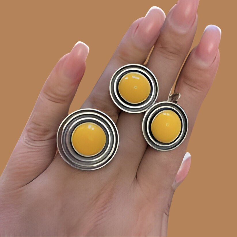 Egg Yolk Yellow Gemstone Jewelry Set - Minimalist Sterling Silver with Natural Stones