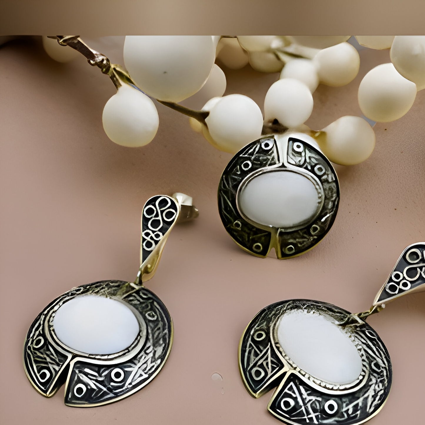 Antique-style Sterling Silver Filigree Set with Milky White Quartz and Fantasy Armenian Design - Ring and Earrings