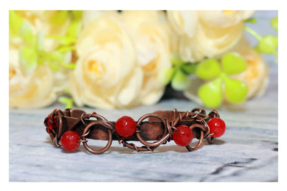 Scarlet Agate Wirewrapped Woven Statement Bracelet - Armenian Handmade Gift for Her