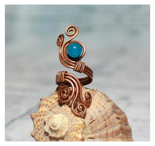 Swirl Lazuli Ring - Spiral Wirewrapped Copper - Sky Blue - Unique Armenian Gift