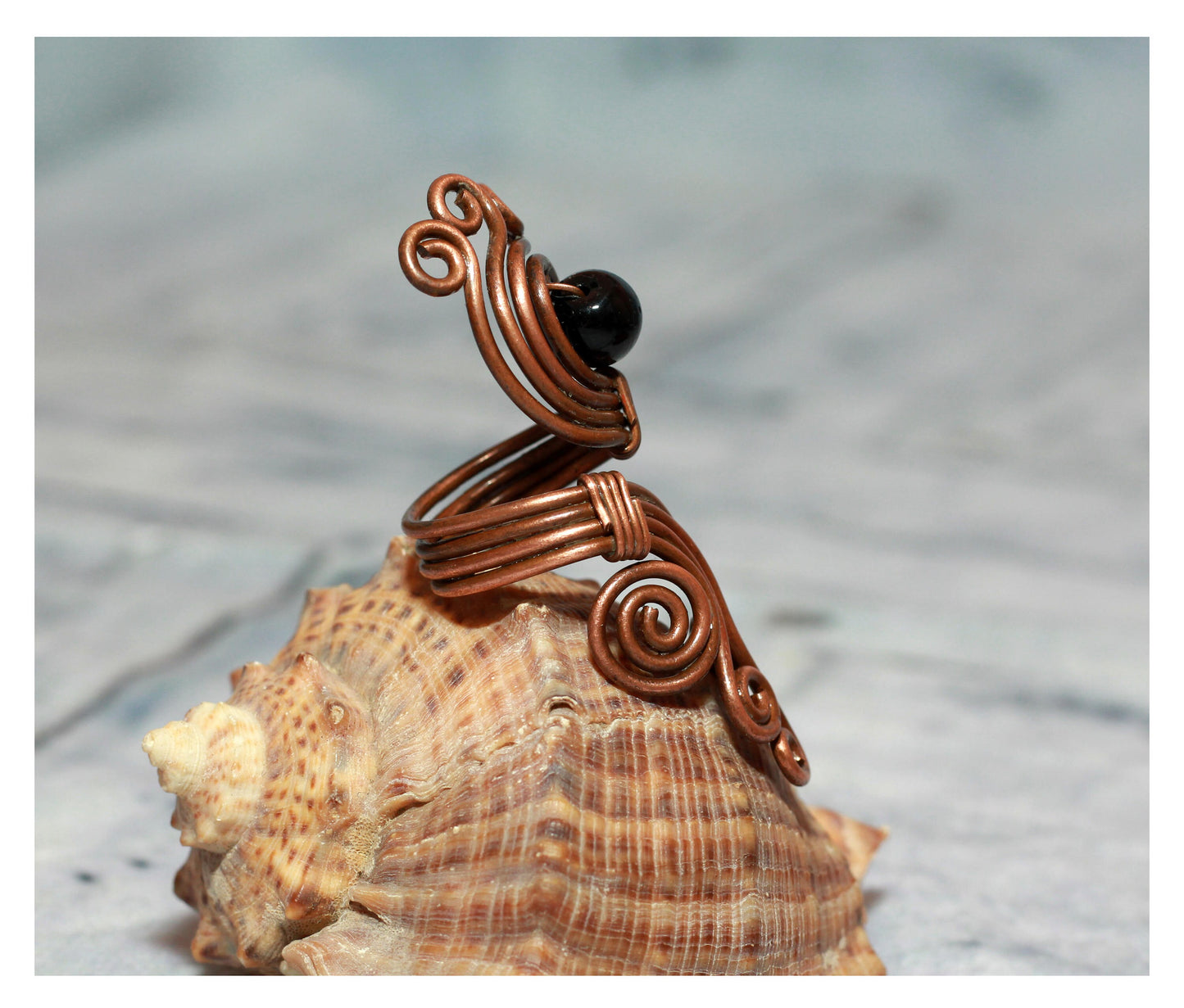 Wire Wrapped Black Agate Spiral Ring  Boho Copper Wire Jewelry  Armenian Gift