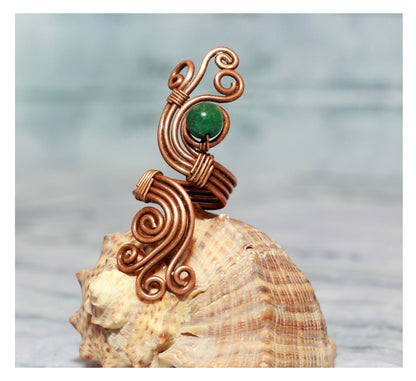 Boho Nephrite Copper Spiral Ring - Handcrafted Cocktail Jewelry