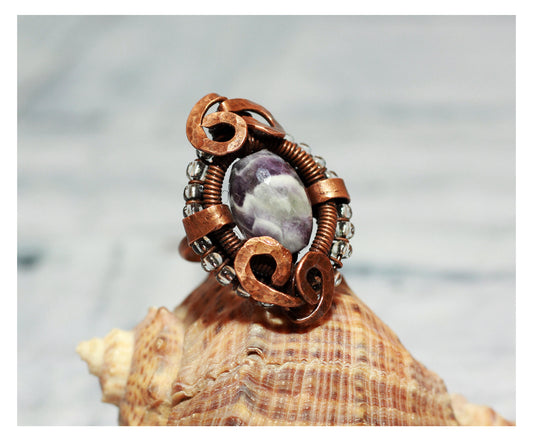 Raw Amethyst Cocktail Ring - Handmade Wirewrapped Modernist Design - Victorian Style Raw Gemstone Evening Jewelry