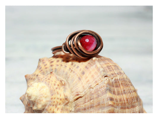 Hot Pink Agate Wire-Wrapped Cocktail Ring - Spiral Ring, Statement Ring, Bohemian Jewelry - Handcrafted Statement Piece