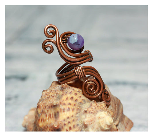 Purple Agate Wire-Wrapped Boho Cocktail Ring - Statement Jewelry Handcrafted with Natural Agate Stone and Copper - Unique Gift for Her