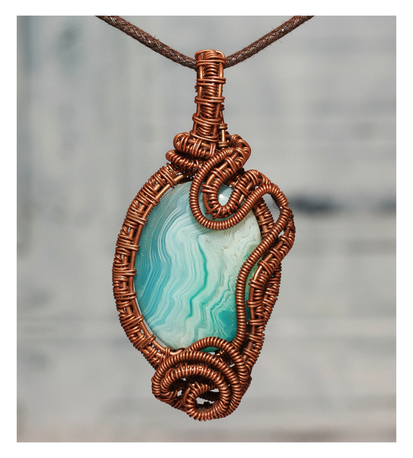 Teal Agate Wirewrapped Pendant - Sea Breeze Bohemian Necklace for Summer Wedding - Copper Wirewrap Abstract Design