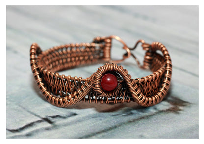 Elven Wirewrapped Cuff Bracelet in Copper with Red Jasper - Handmade in Armenia