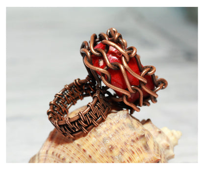 Coral Lace Cocktail Ring - Wire Wrapped Statement Piece for Fall Fashion Gift for Her - Wire Wrap Jewelry Autumn Collection