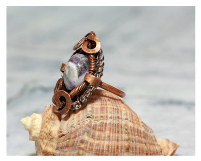 Raw Amethyst Cocktail Ring - Handmade Wirewrapped Modernist Design - Victorian Style Raw Gemstone Evening Jewelry