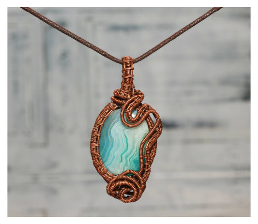 Teal Agate Wirewrapped Pendant - Sea Breeze Bohemian Necklace for Summer Wedding - Copper Wirewrap Abstract Design