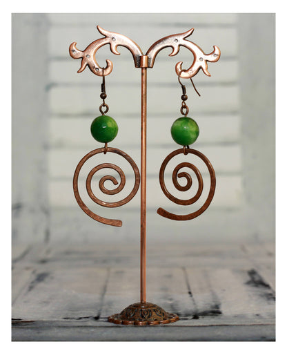 Bronze Nephrite Spiral Statement Drop Earrings - Gemstone Dangle Earrings