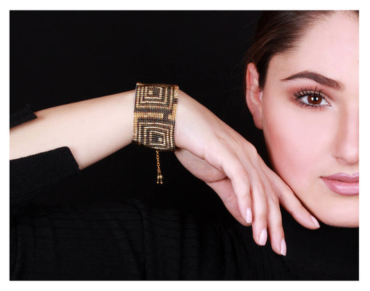 Handcrafted Golden Geometric Beaded Cuff Bracelet - Adjustable Wide Seed Bead Statement Jewelry