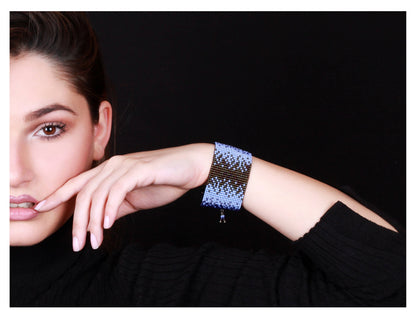 Ombre Czech Beaded Cuff Bracelet in Navy Blue - Handmade Armenian Gift