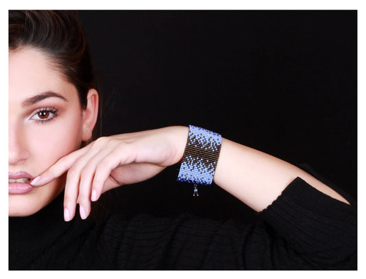 Ombre Czech Beaded Cuff Bracelet in Navy Blue - Handmade Armenian Gift