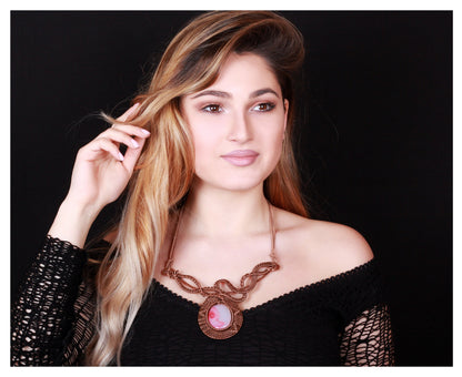 Wirewrapped Pink Agate Pendant Statement Necklace - Fantasy Bib Statement Necklace  - Games of Thrones and Lord of the Rings Inspired