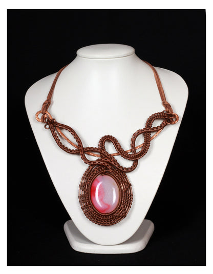 Wirewrapped Pink Agate Pendant Statement Necklace - Fantasy Bib Statement Necklace  - Games of Thrones and Lord of the Rings Inspired