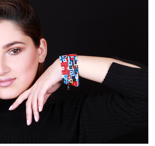 Armenian Handmade Multicolor Payote Beaded Cuff Bracelet with Square Geometric Designs - Large and Unique Handcrafted Gift