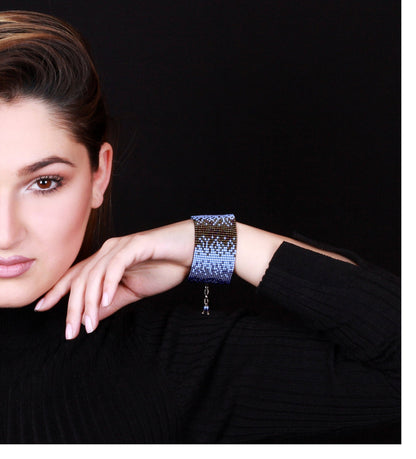 Ombre Czech Beaded Cuff Bracelet in Navy Blue - Handmade Armenian Gift