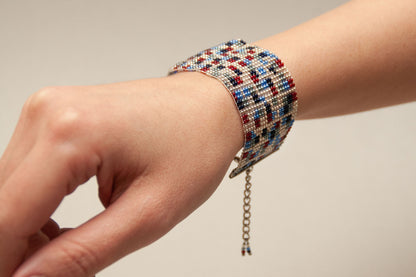 Handmade Armenian Geometric Bead Bracelet in Red Blue White and Aqua - Armenian Gift Arts and Jewelry