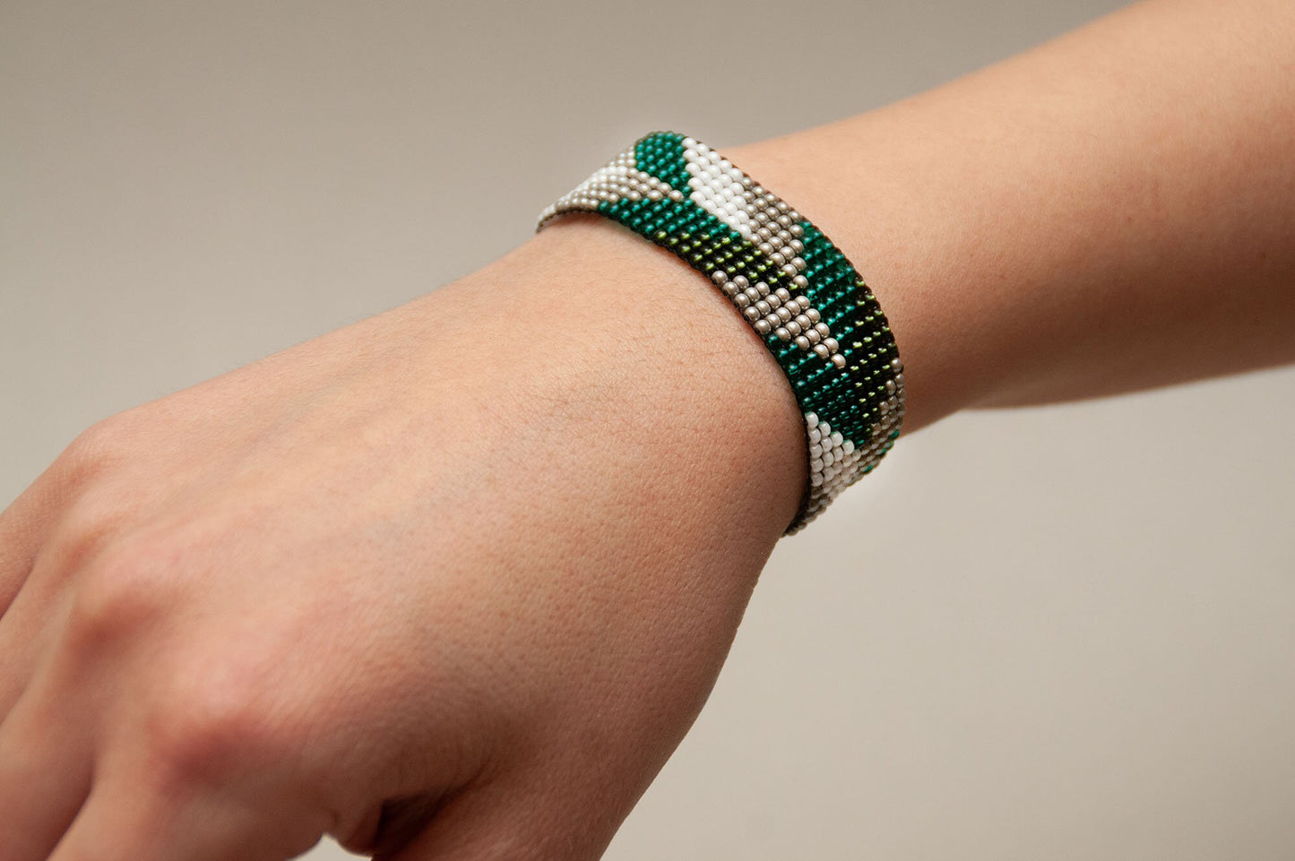 Armenian Loom Beaded Bracelet - Green Silver White - Handmade Gift for Her - Traditional Armenian Art Design