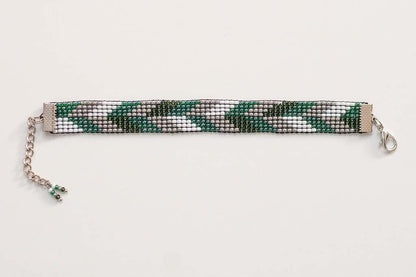 Armenian Loom Beaded Bracelet - Green Silver White - Handmade Gift for Her - Traditional Armenian Art Design