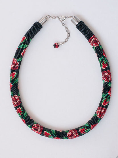 Romantic Blooming Roses Statement Necklace - Black and Red - SpringSummer Beaded Jewelry - PromSpecial Occasion - TM