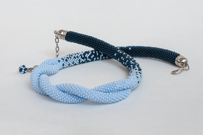 Blue Ombre Infinity Twist Knot Necklace - Statement Crochet Rope for Weddings