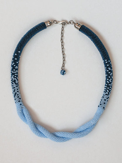 Blue Ombre Infinity Twist Knot Necklace - Statement Crochet Rope for Weddings