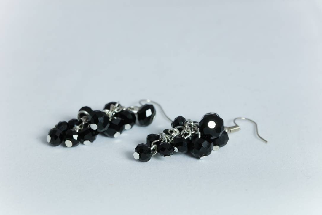 Red and Black Cluster Earrings Bracelet and Necklace Set - Formal and Prom Jewelry