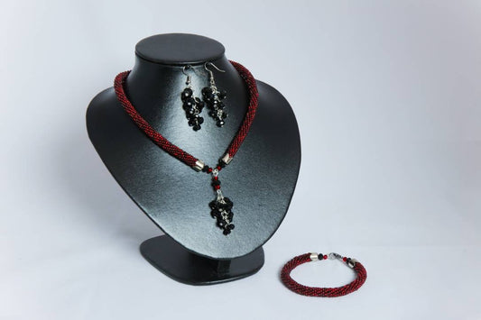 Red and Black Cluster Earrings Bracelet and Necklace Set - Formal and Prom Jewelry