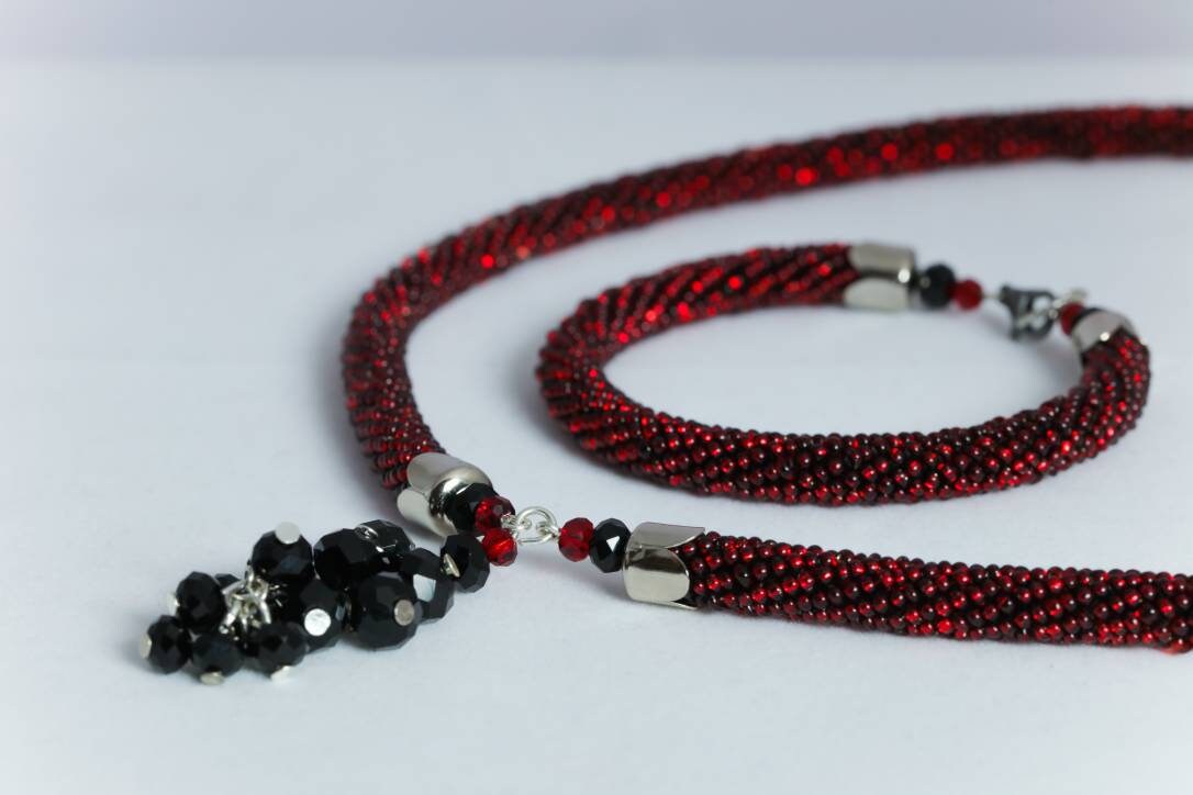 Red and Black Cluster Earrings Bracelet and Necklace Set - Formal and Prom Jewelry