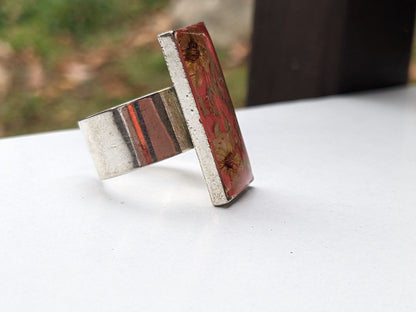 Deep Pink Rectangle Modern Ring with Natural Dried Flowers from Armenia - Unique Botanical Jewelry - Artisan Statement Ring