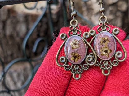 Victorian-Inspired Earrings Light Pink Dried Flowers from Armenia - Antique Aesthetic, Delicate Floral Jewelry,  Touch of Timeless Elegance