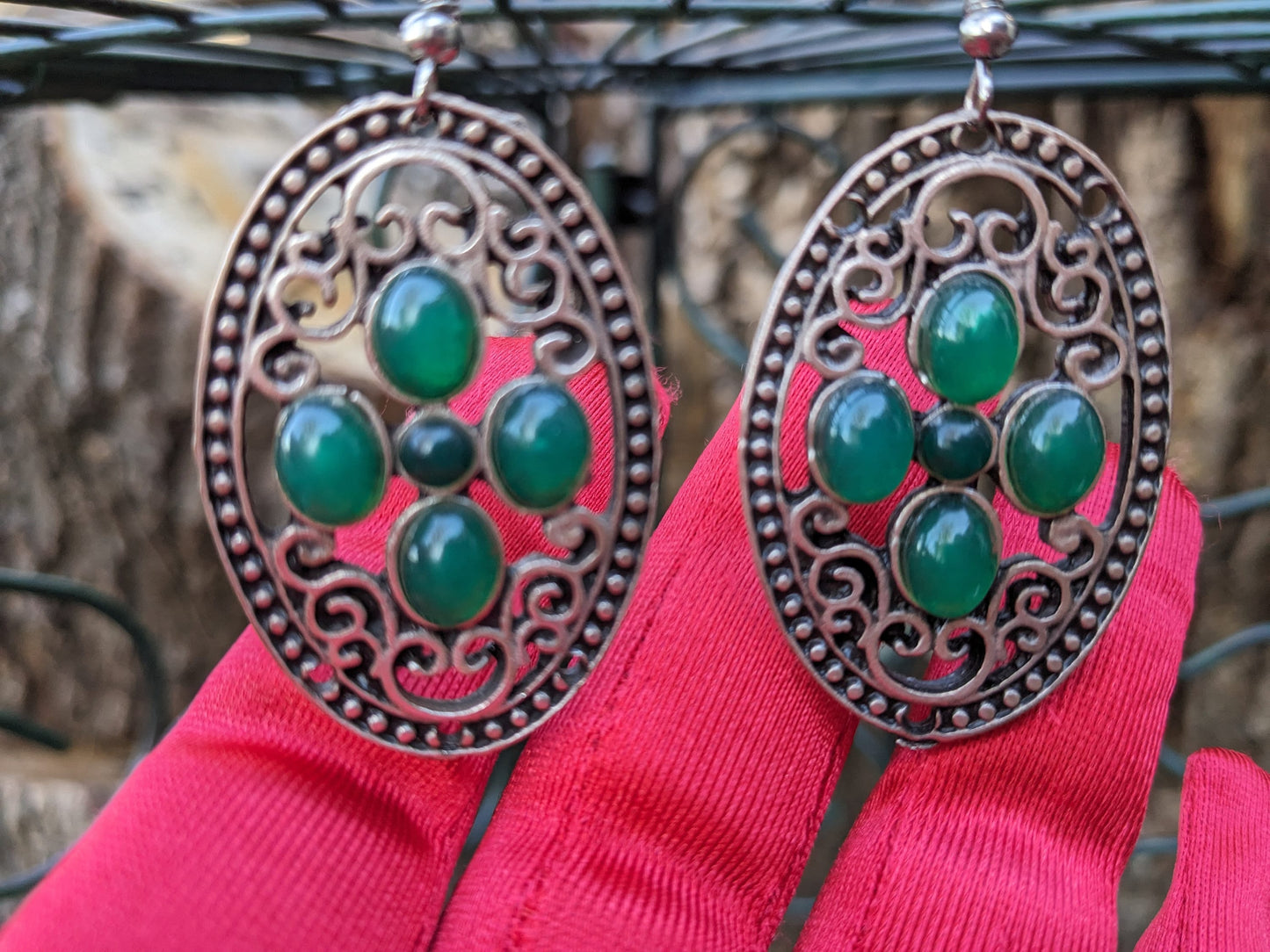 Boho Chic Silver Oval Earrings with Natural Green Stones - Filigree  Handcrafted Jewelry for a Touch of Bohemian Elegance and  Glamour