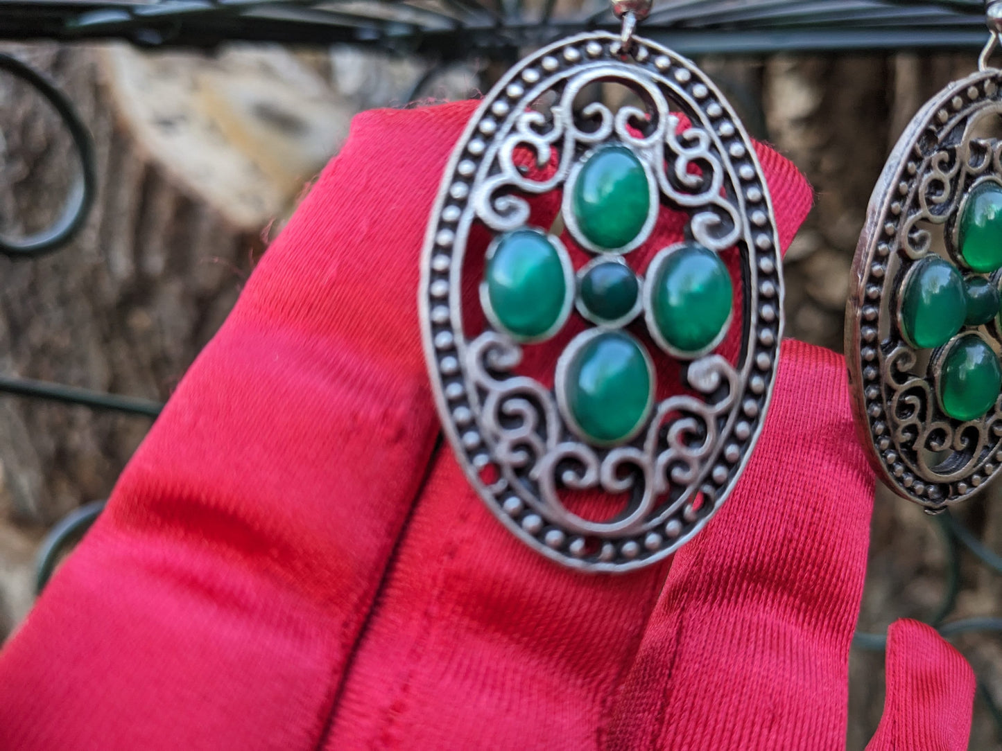 Boho Chic Silver Oval Earrings with Natural Green Stones - Filigree  Handcrafted Jewelry for a Touch of Bohemian Elegance and  Glamour