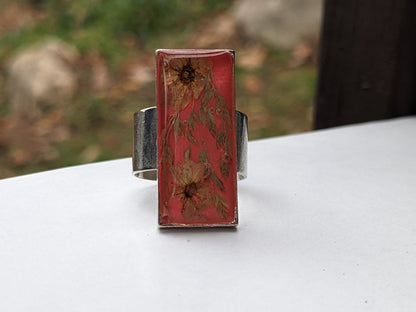 Deep Pink Rectangle Modern Ring with Natural Dried Flowers from Armenia - Unique Botanical Jewelry - Artisan Statement Ring